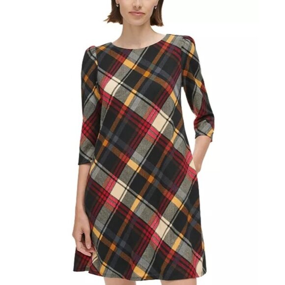 Plaid Soft Knit Dress Pockets Fall Winter Cozy Warm Flannel Size XL Office Work - Picture 1 of 10